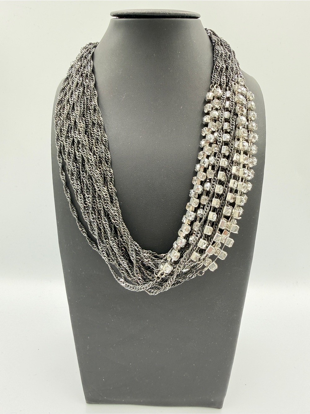 Gunmetal Multi-Strand Necklace with Silver Crystal Accents